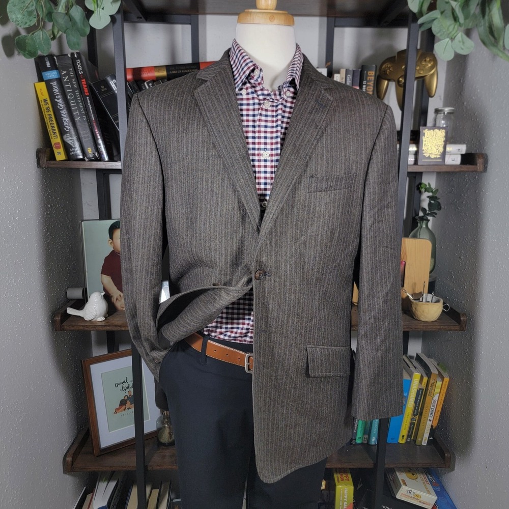 VTG Calvin Klein Mens Flannel Sport Coat Blazer Two Button Brown Striped Wool XL
